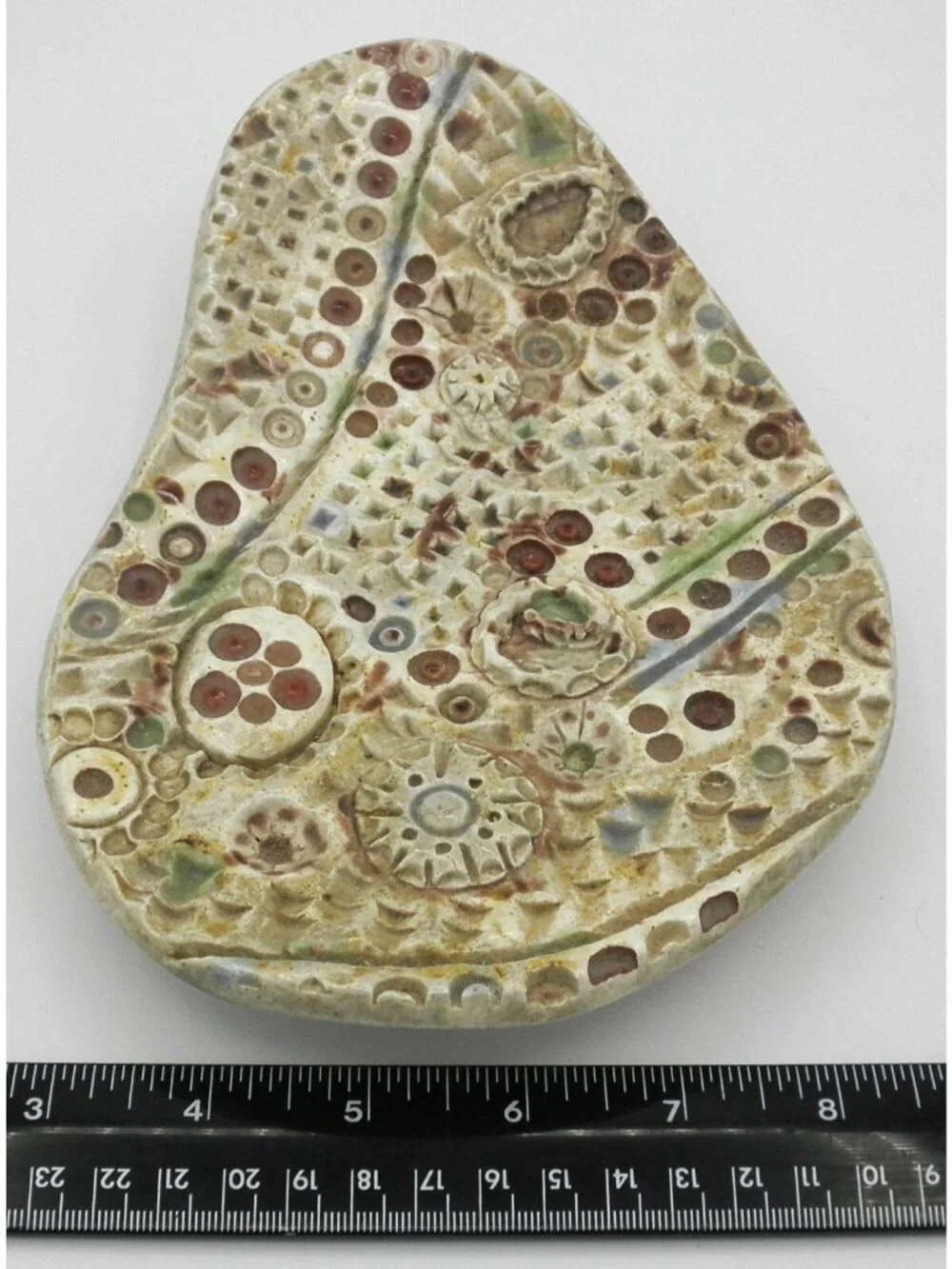 Art Pottery  Spoon Rest Trinket Dish Abstract Textured Footed Earth-tone Colors
